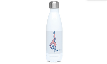 a white water bottle with a pink giraffe on it