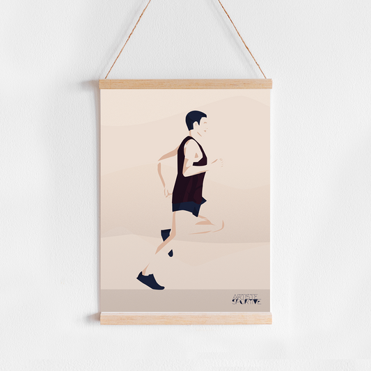 a picture of a man running on a white wall