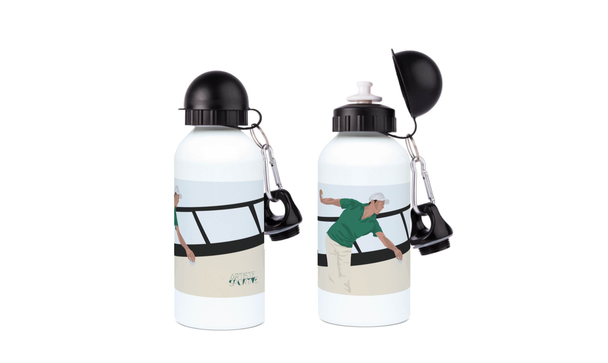 a pair of water bottles with a picture of a tennis player