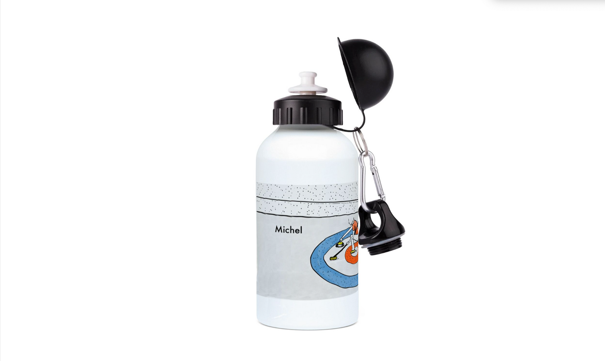 a white water bottle with a black carabine