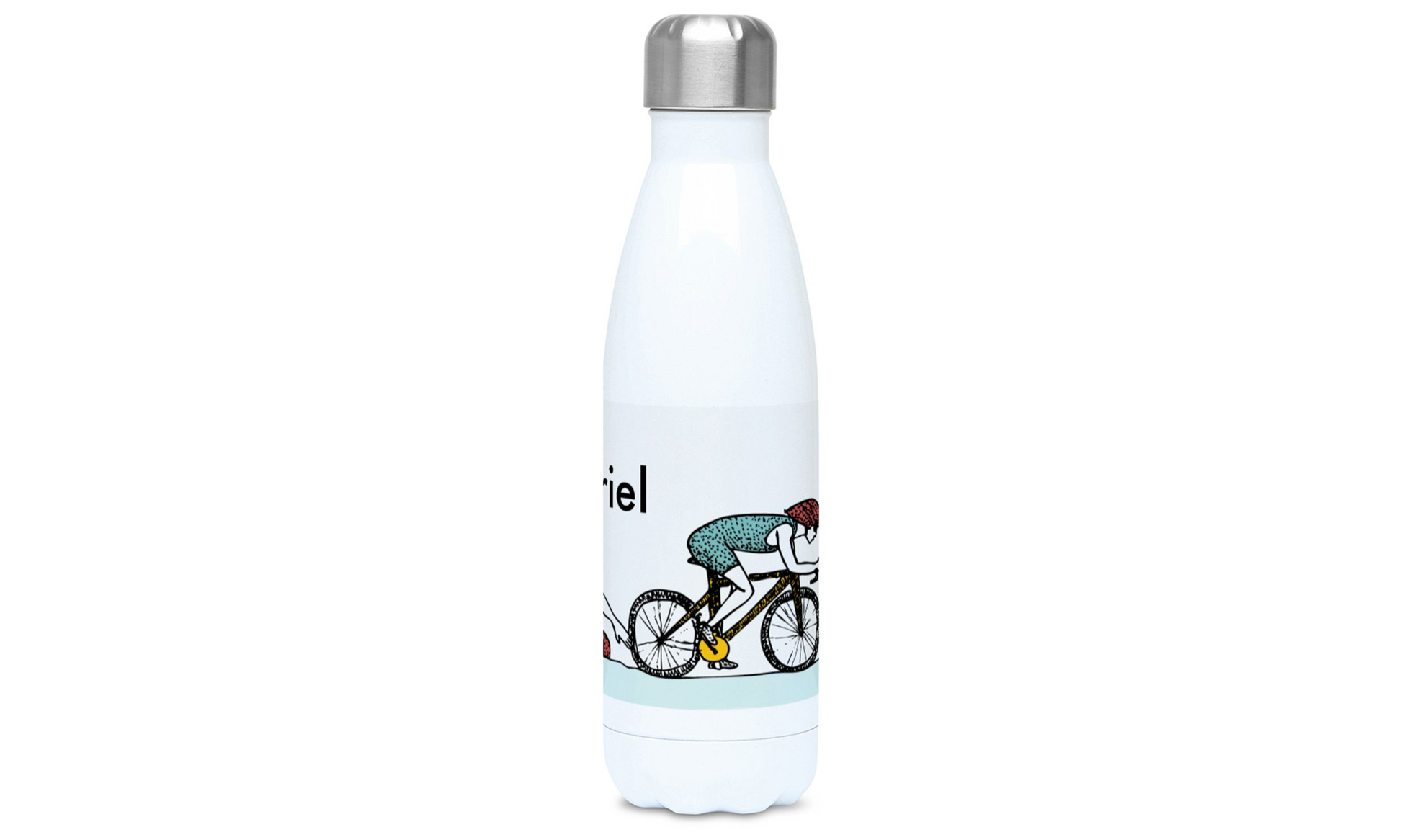 a water bottle with a picture of a person riding a bike