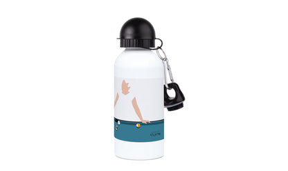 a white water bottle with a picture of a woman on it