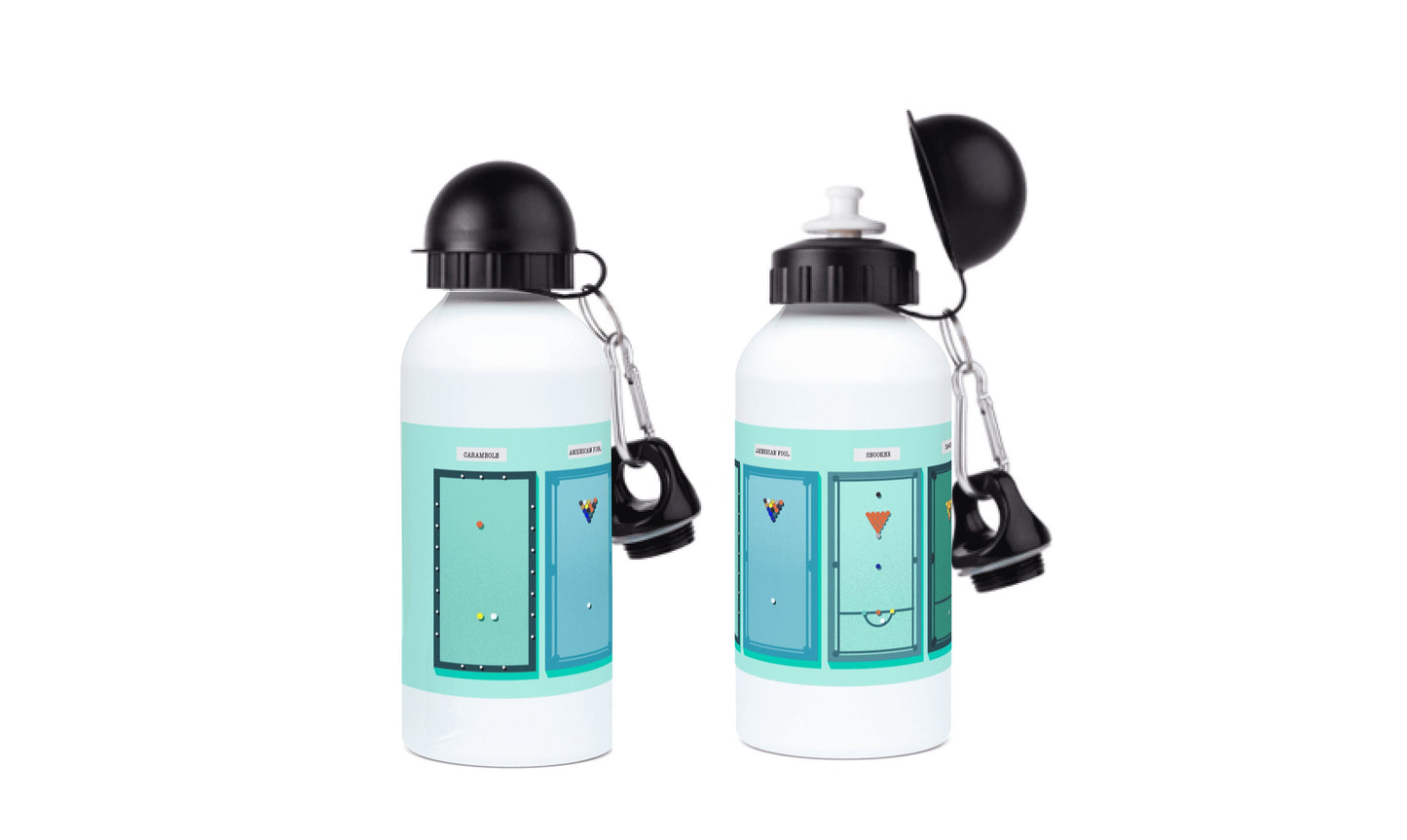 two water bottles with a black cap and a white one