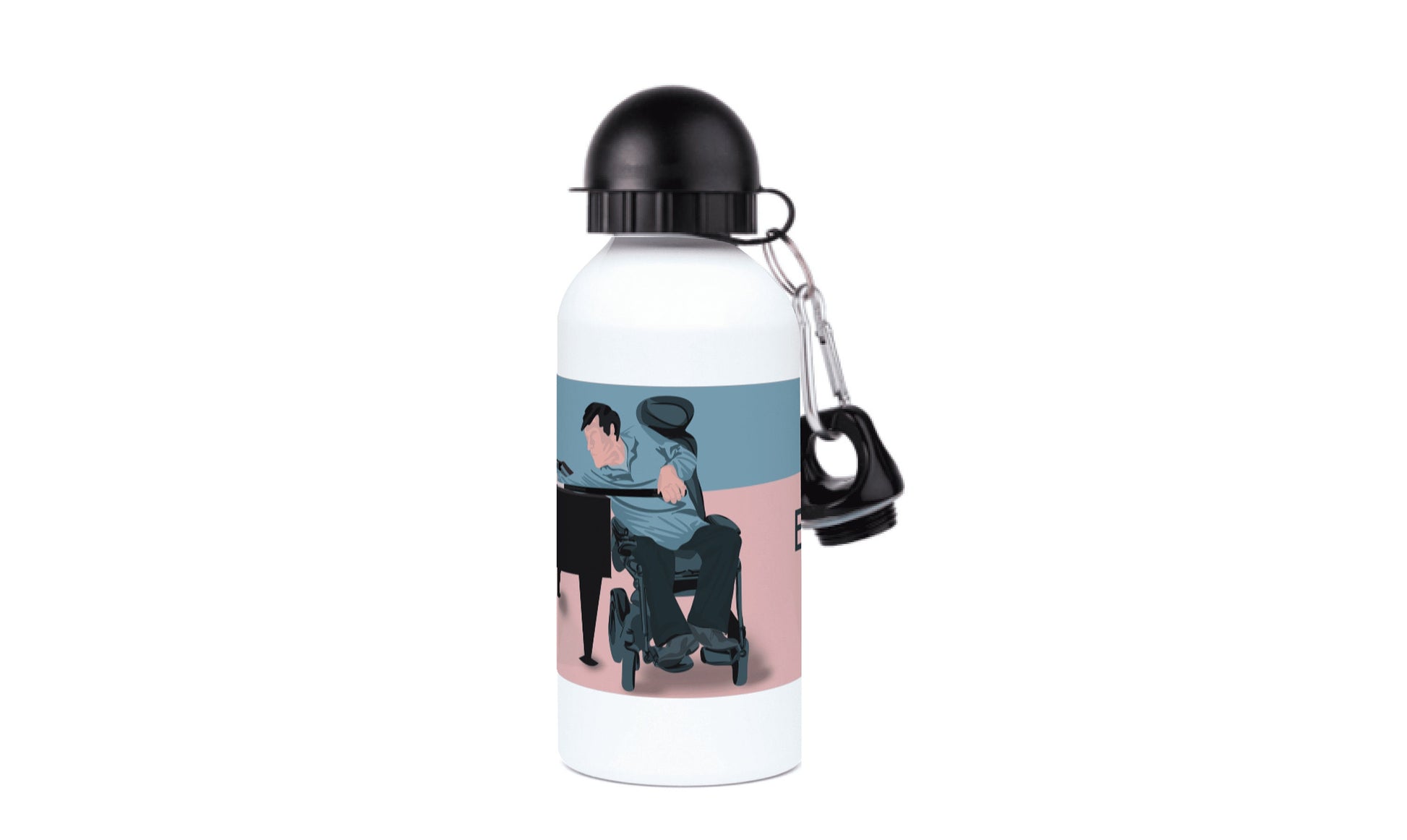 a water bottle with a picture of two people sitting at a table