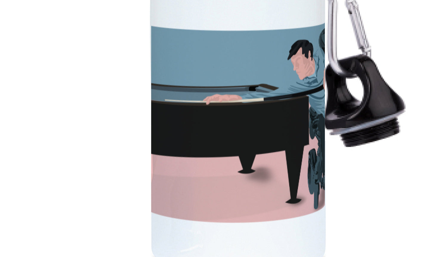 a water bottle with a picture of a man playing a piano