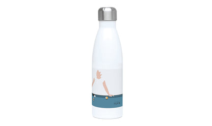 a white water bottle with a picture of a woman on it