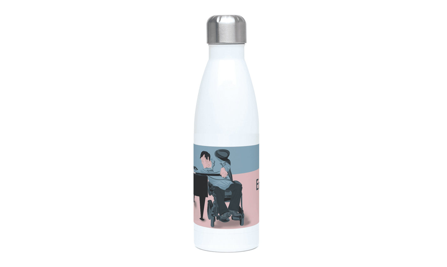 a water bottle with a picture of a woman playing the piano