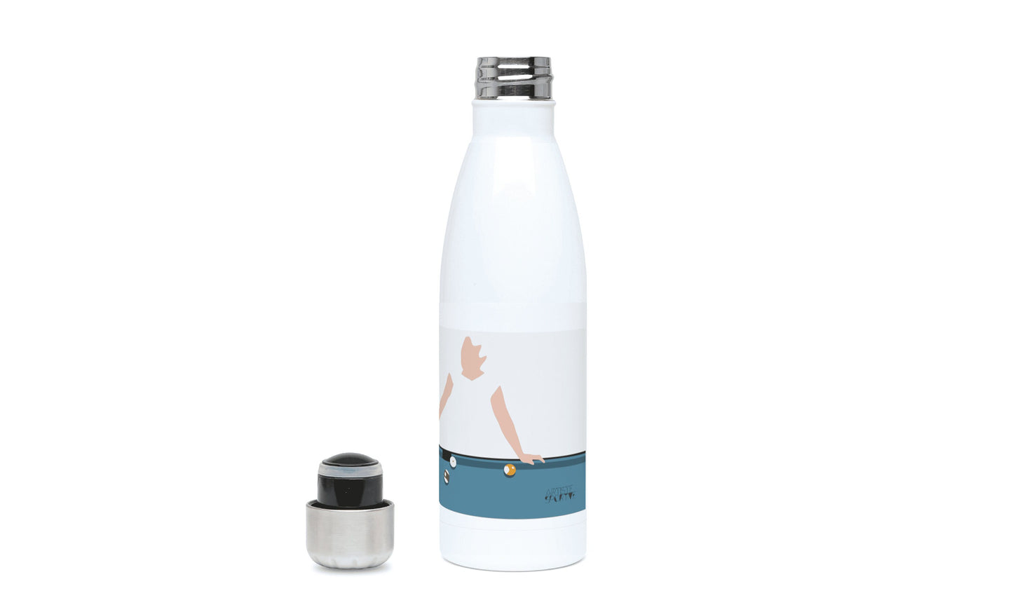 a white bottle with a picture of a woman on it