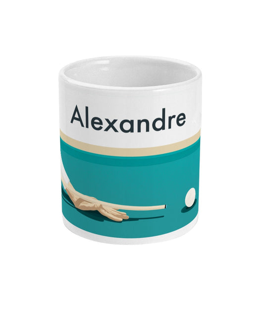 a white mug with a picture of a hand reaching for a ball