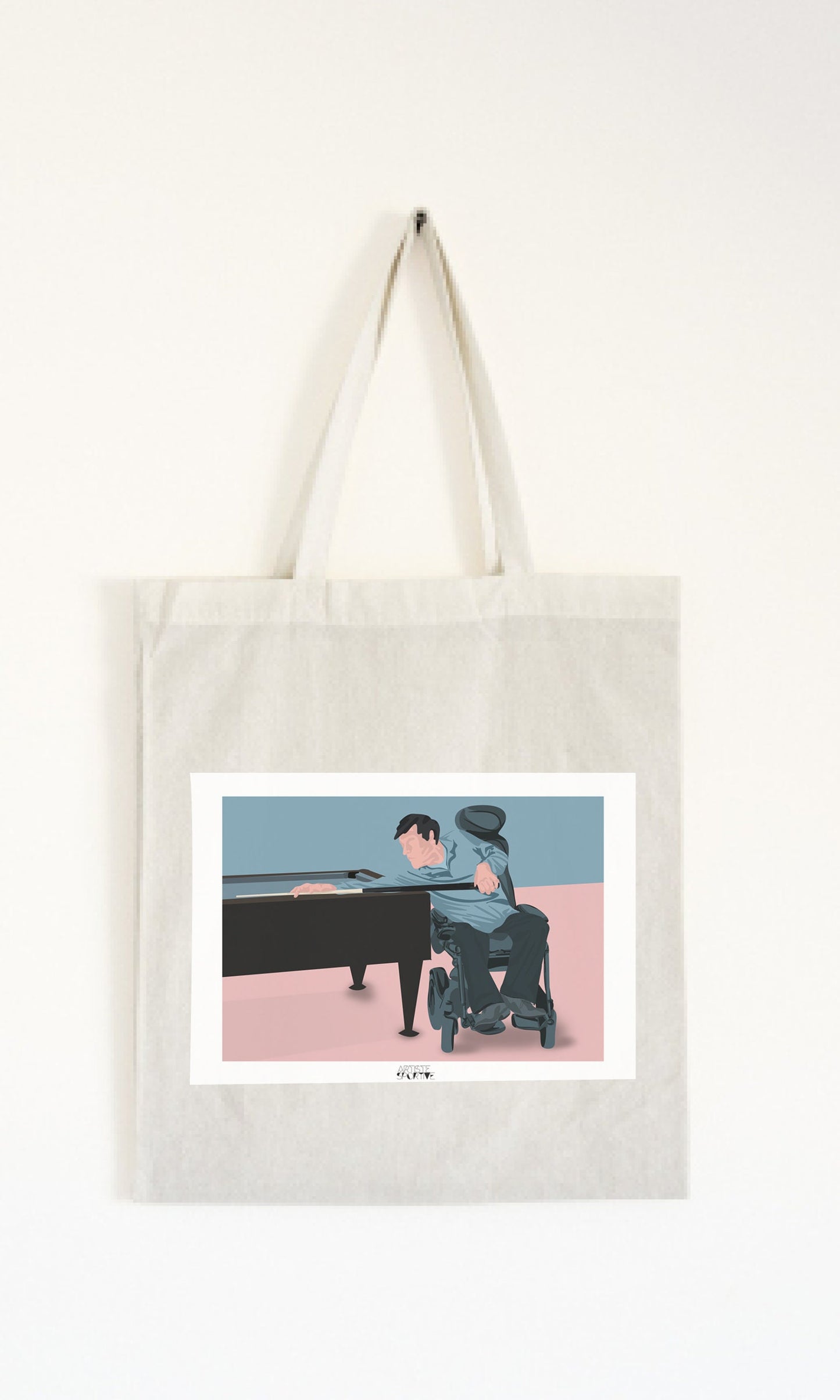 a tote bag with a picture of two people playing a game of pool