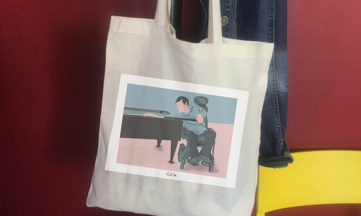 a bag with a picture of two people playing a piano