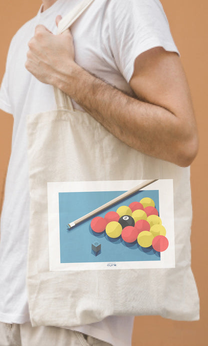 a man holding a tote bag with a picture of a pool