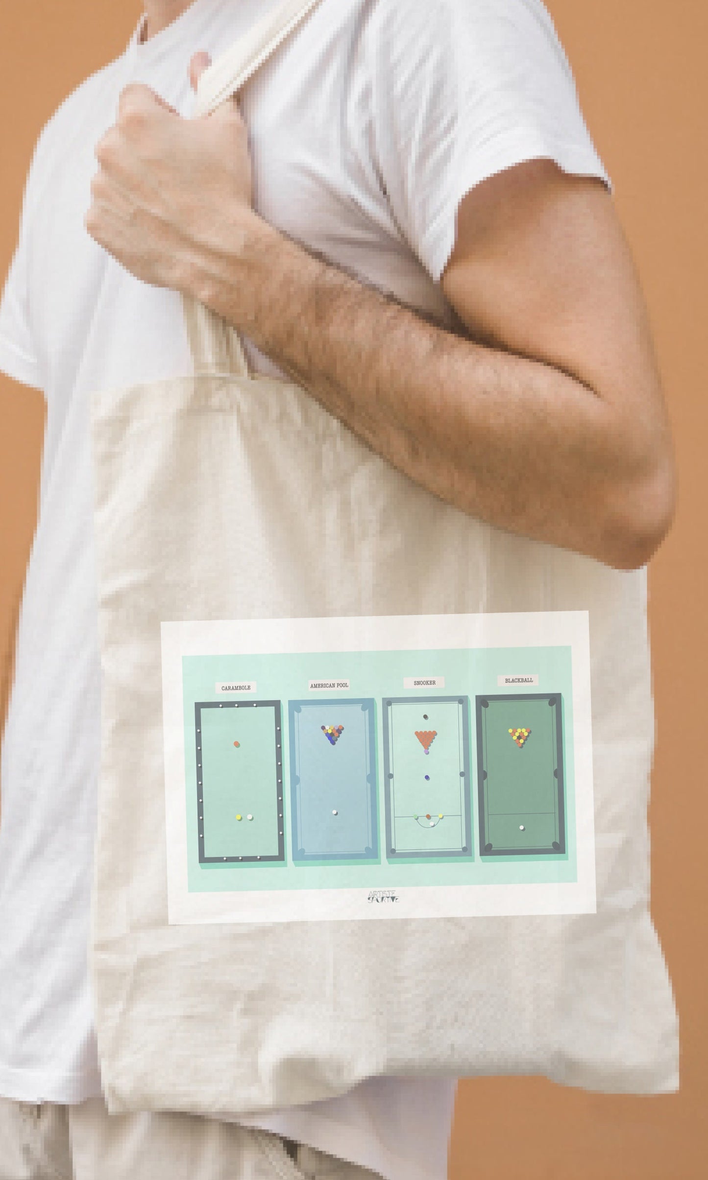 a man holding a tote bag with a picture on it