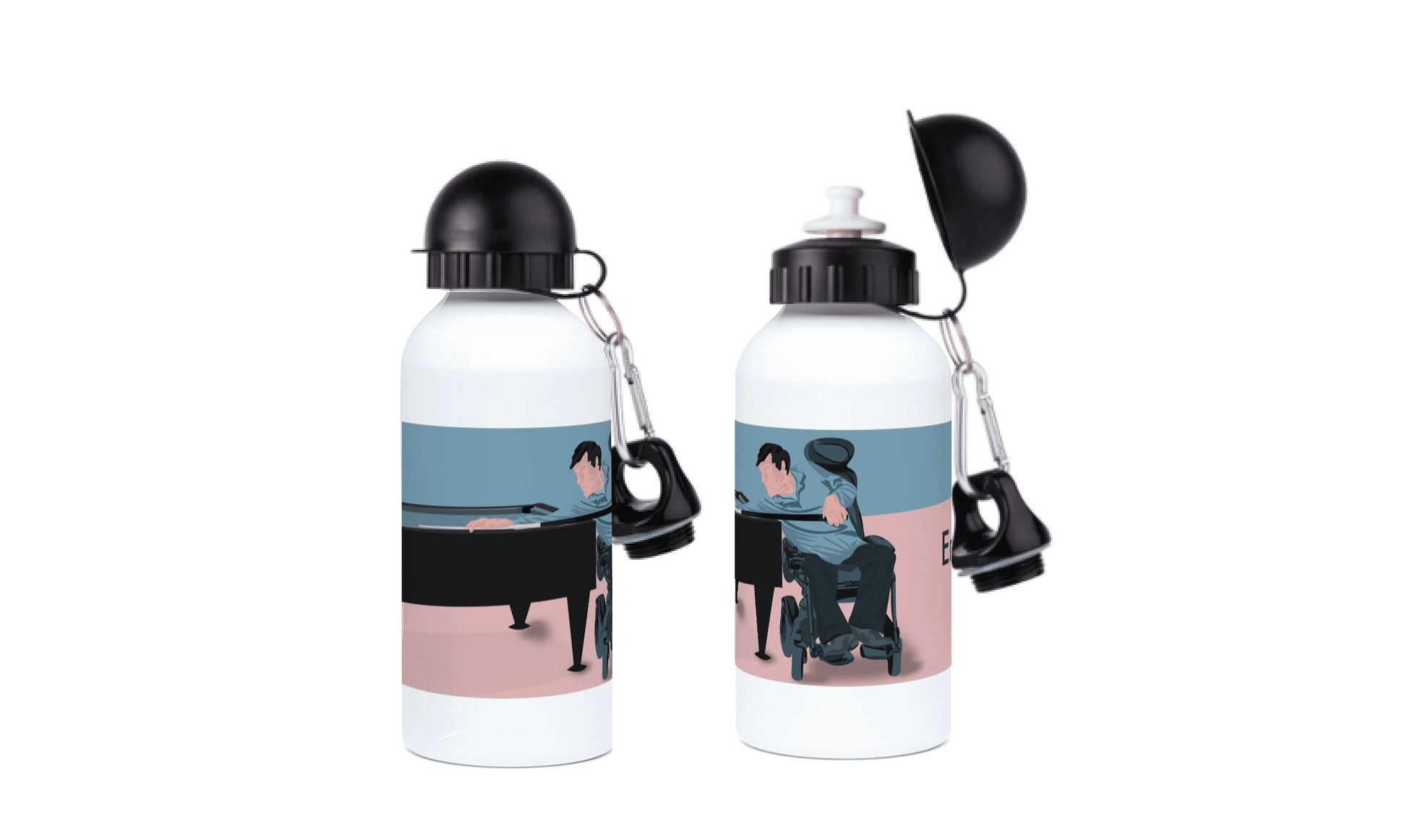 two water bottles with a picture of a man and a woman playing the piano