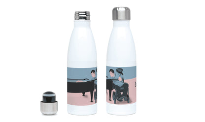 a bottle with a picture of a woman playing a piano