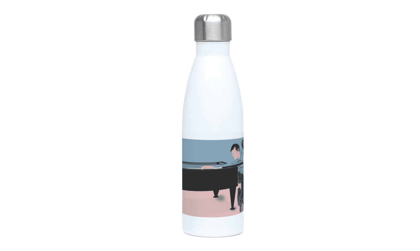 a water bottle with a picture of a man playing a piano