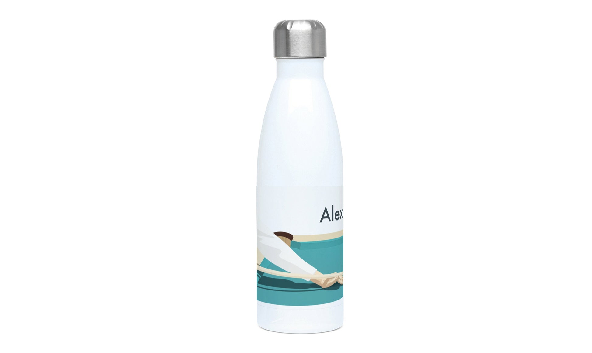 a water bottle with a picture of a surfer on it