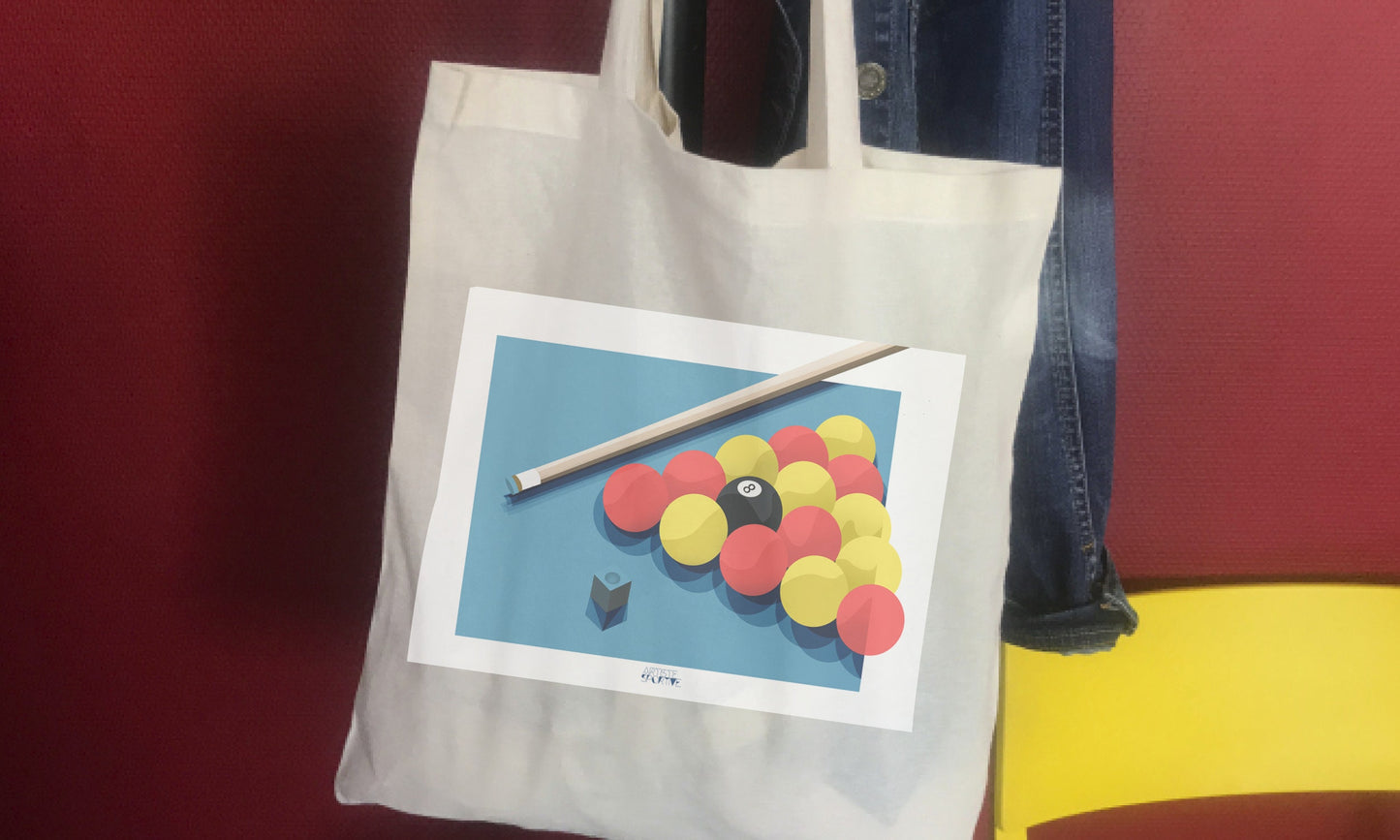 a white bag with a picture of a pool ball