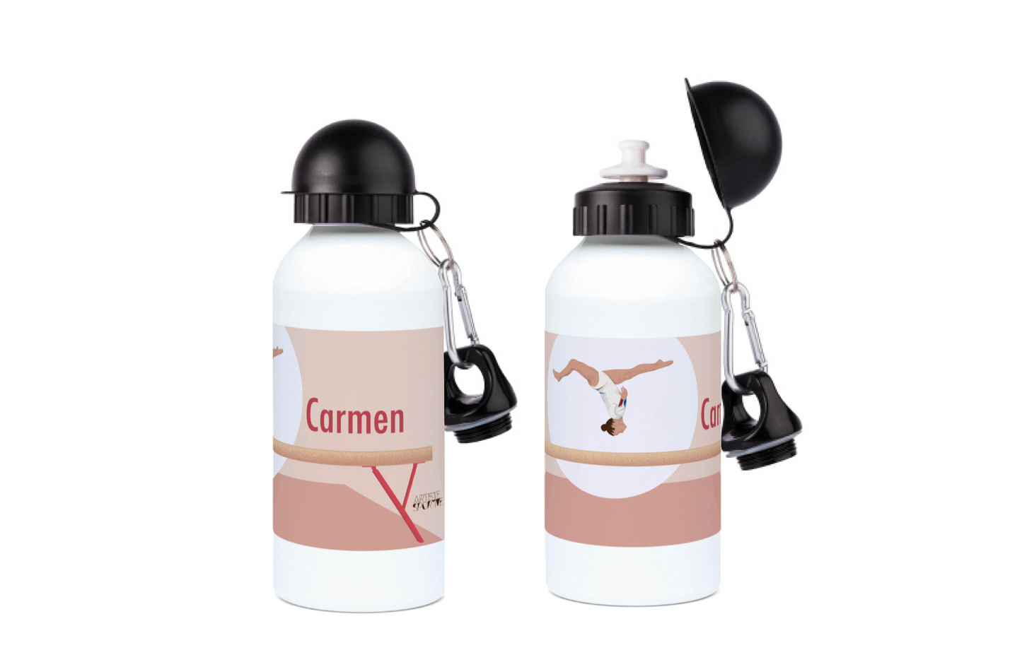two white water bottles with a black cap