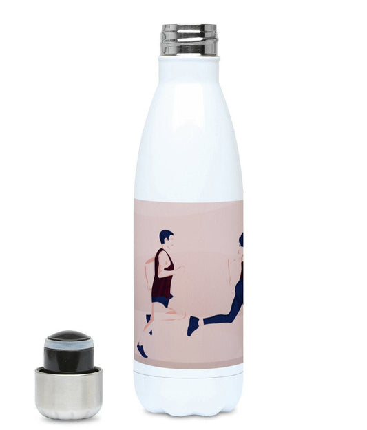 Isolierte Flasche Leichtathletikrennen „Ein Mann und eine Frau laufen“ – anpassbar