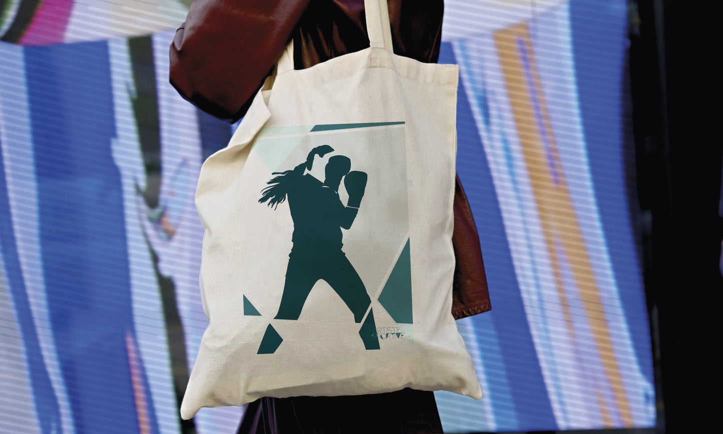 Tote bag ou sac boxing bleue "Sur le ring de la boxeuse géométrique "