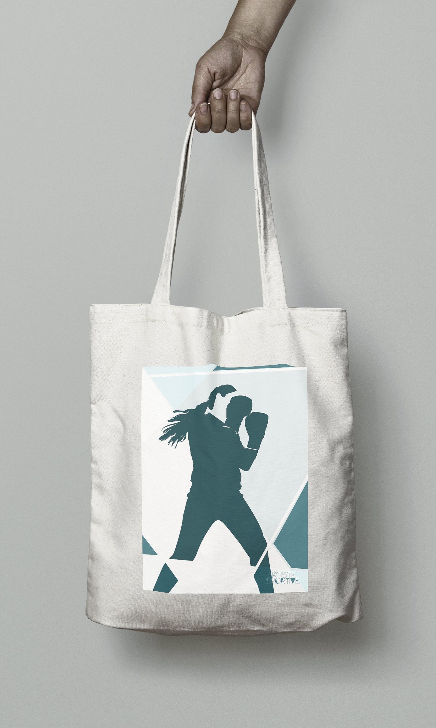 Tote bag ou sac boxing bleue "Sur le ring de la boxeuse géométrique "