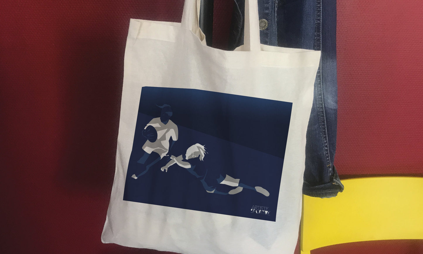 Tote bag ou sac "rugby féminin en bleu"