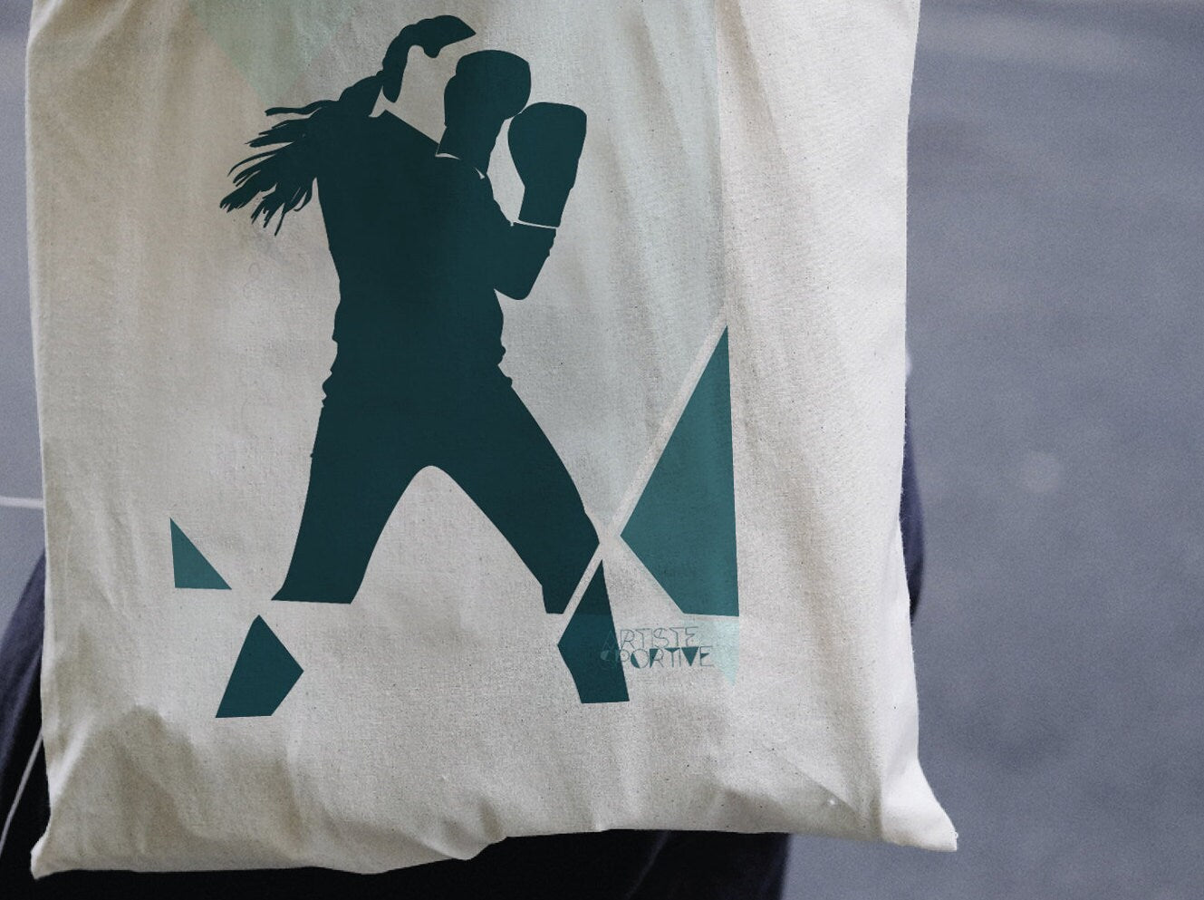 Tote bag ou sac boxing bleue "Sur le ring de la boxeuse géométrique "