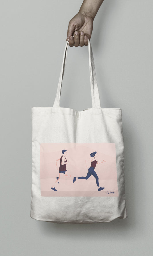 Tote bag or running bag "A man and a woman running" athletics