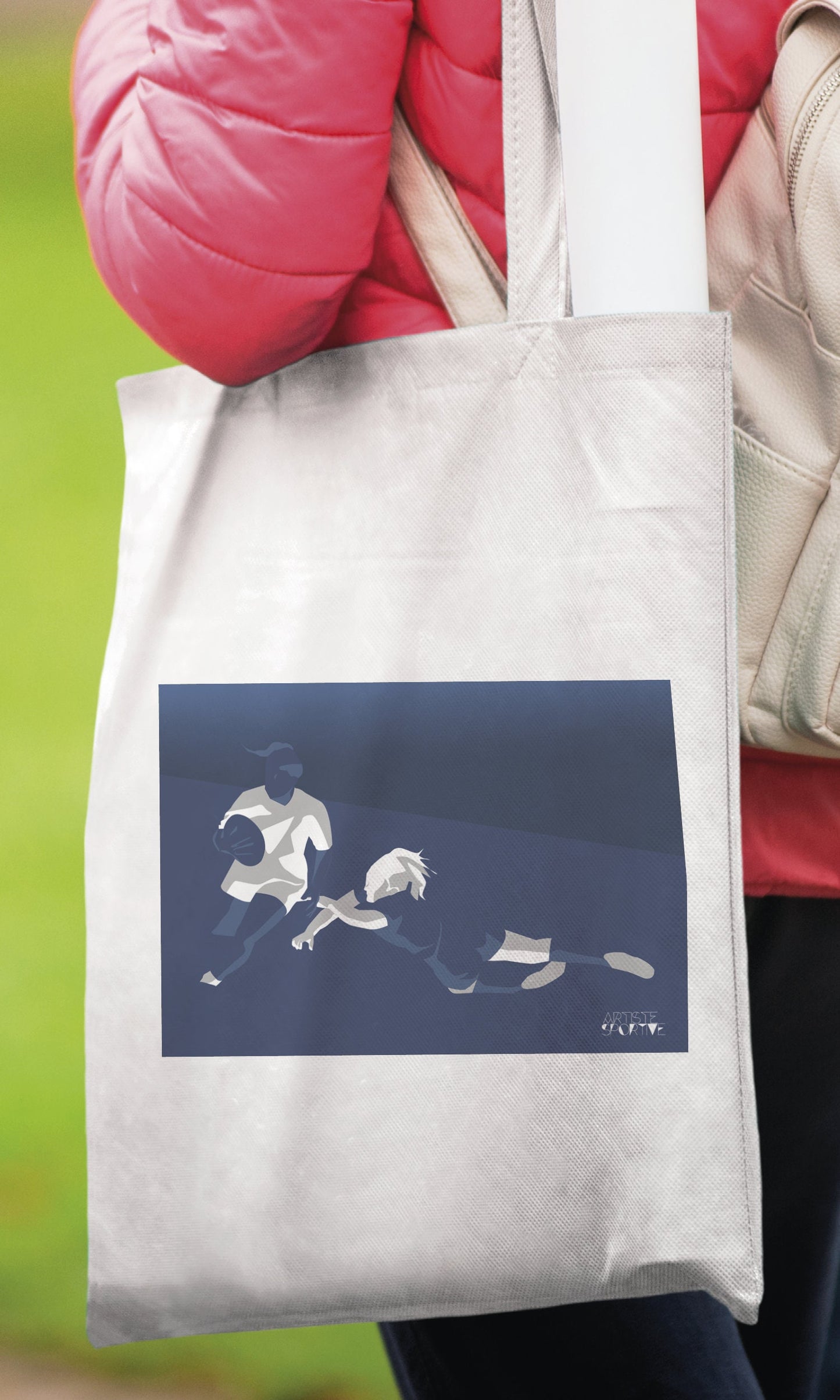 Tote bag ou sac "rugby féminin en bleu"