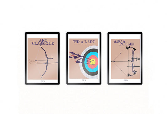 Bogenschießen-Trio-Poster „Die Zielscheibe, der Recurvebogen und der Compoundbogen“ – individuell anpassbar